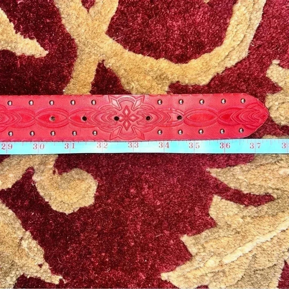 Women’s Red Vegan Leather Western Studded Belt Brushed Silver Tone Buckle S/M - Picture 13 of 16